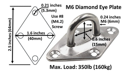Heavy Duty M6 Ceiling Hook Diamond Pad Eye Plates, 304 Stainless Steel & Black Zinc Galvanized Steel