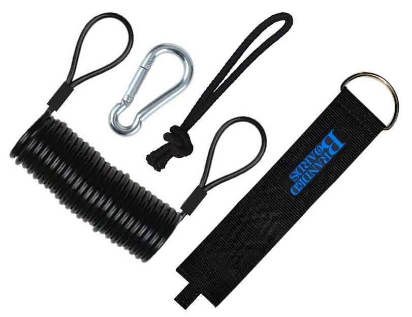 Branded Boards Steel Coiled Leash with Heavy Duty Hook & Loop Cuff, Carabiner & Paracord Loop.