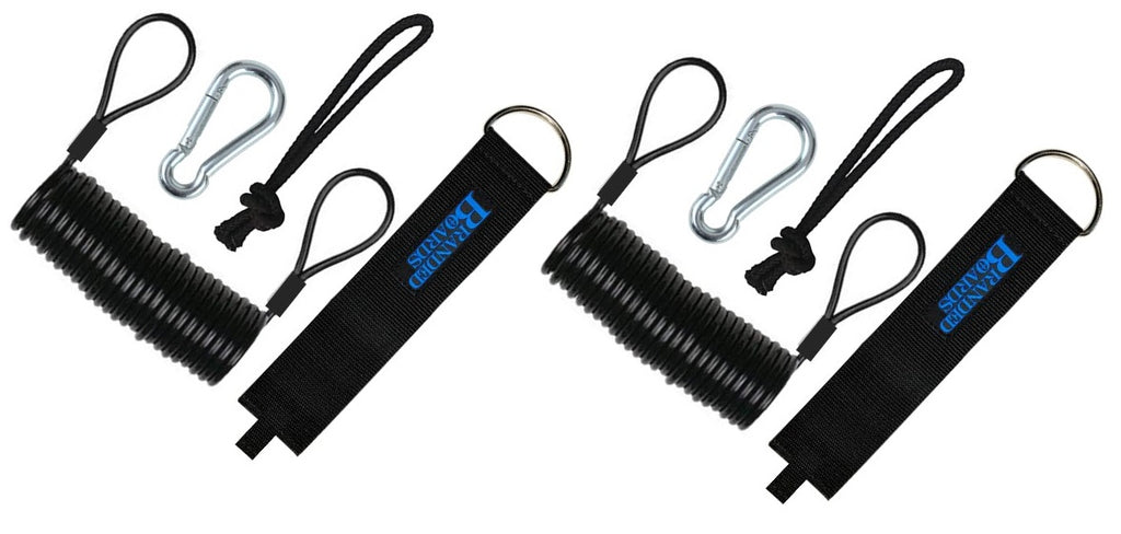 Branded Boards Steel Coiled Leash with Heavy Duty Hook & Loop Cuff, Carabiner & Paracord Loop.