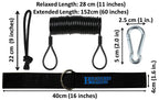 Branded Boards Steel Coiled Leash with Heavy Duty Hook & Loop Cuff, Carabiner & Paracord Loop.
