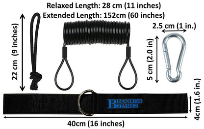 Branded Boards Steel Coiled Leash with Heavy Duty Hook & Loop Cuff, Carabiner & Paracord Loop.
