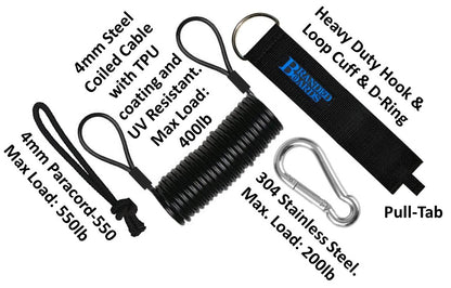 Branded Boards Steel Coiled Leash with Heavy Duty Hook & Loop Cuff, Carabiner & Paracord Loop.