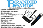 Branded Boards Steel Coiled Leash with Heavy Duty Hook & Loop Cuff, Carabiner & Paracord Loop.