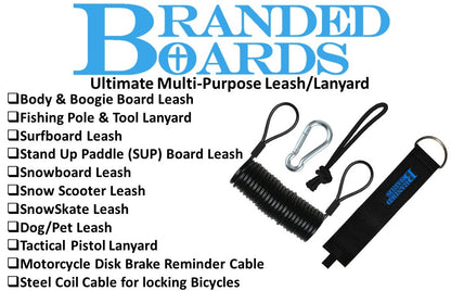 Branded Boards Steel Coiled Leash with Heavy Duty Hook & Loop Cuff, Carabiner & Paracord Loop.