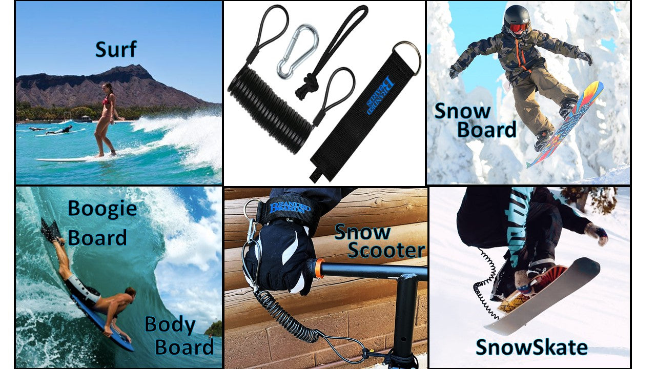 Branded Boards Steel Coiled Leash with Heavy Duty Hook & Loop Cuff, Carabiner & Paracord Loop.