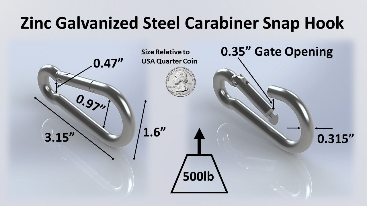 Heavy Duty 3.15 inch (80mm) 304 Stainless Steel & Black Zinc Carabiner Spring Snap Clip Link Hooks. 500lb Load