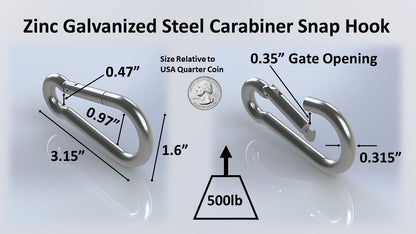 Heavy Duty 3.15 inch (80mm) 304 Stainless Steel & Black Zinc Carabiner Spring Snap Clip Link Hooks. 500lb Load