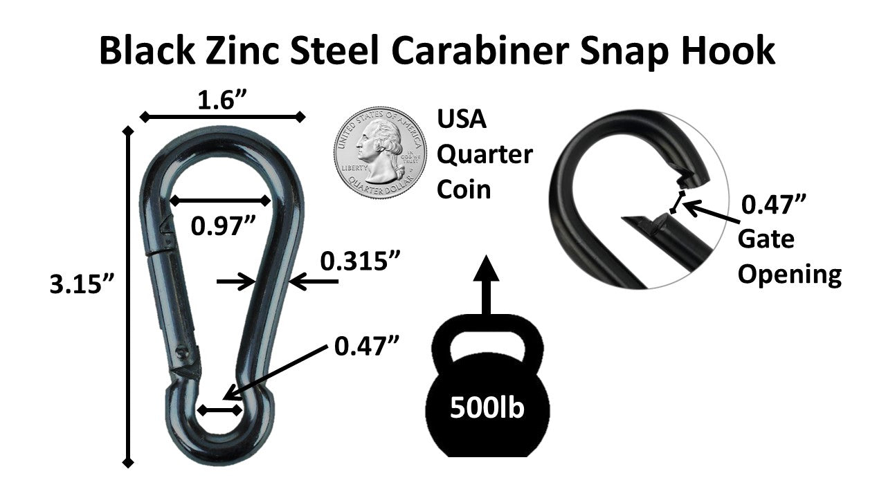 Heavy Duty 3.15 inch (80mm) 304 Stainless Steel & Black Zinc Carabiner Spring Snap Clip Link Hooks. 500lb Load