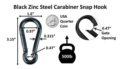 Heavy Duty 3.15 inch (80mm) 304 Stainless Steel & Black Zinc Carabiner Spring Snap Clip Link Hooks. 500lb Load